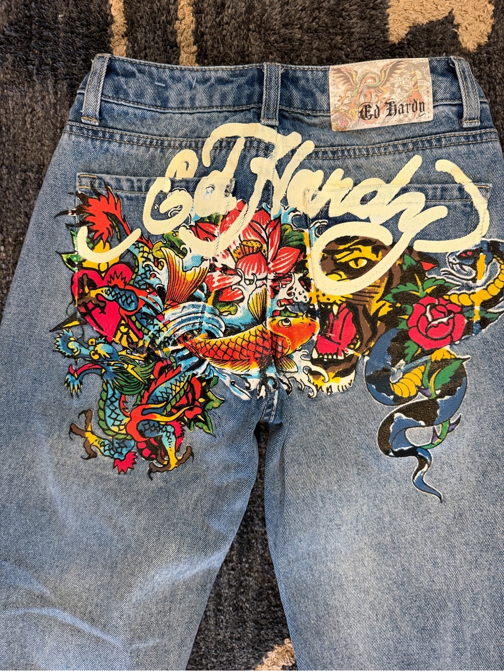 Ed Hardy Denim Jeans with Multicolor Tattoo Graphics. Authentic. Baggy. 24